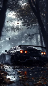 Midnight supercar waits in a rain-soaked forest road.