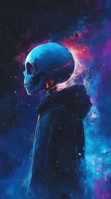 Hooded skeleton profile against vivid cosmic nebula backdrop.