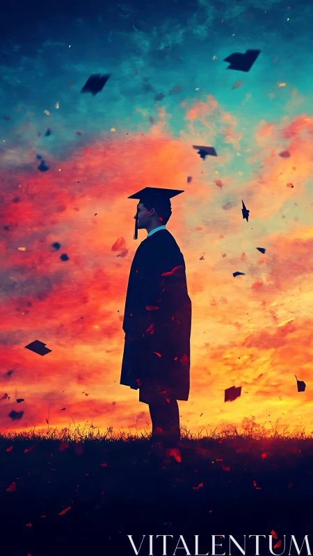 Solitary graduate silhouetted beneath blazing sunset sky.