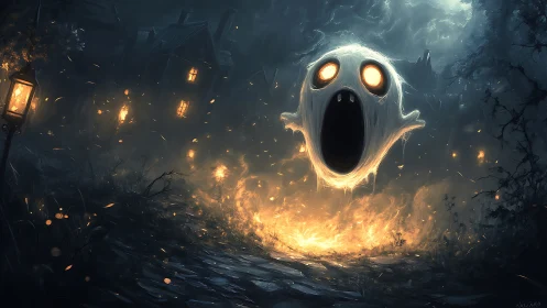 Glowing ghost hovers above fire in dark haunted village.