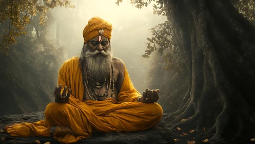 Elderly yogi in saffron robes meditates under massive forest tree