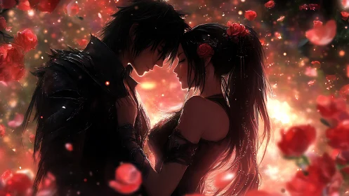 Silhouetted Couple with Luminous Roses and Atmospheric Lighting