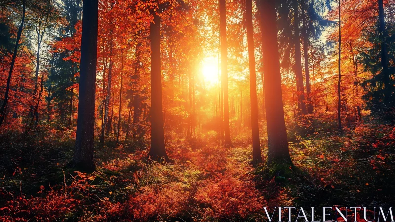 Magical Autumn Forest Glowing with Warm Sunset Light.