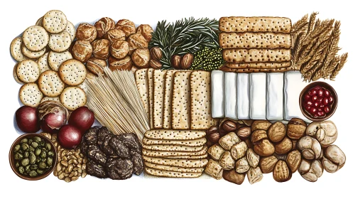 Rustic snack board celebrates crackers, nuts, herbs and grains