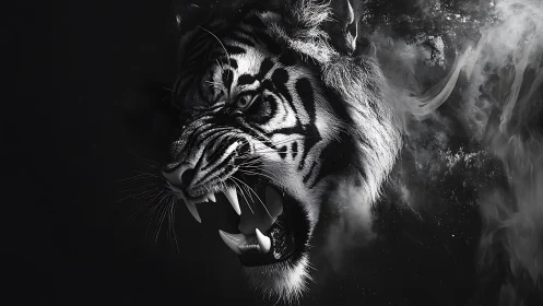 Midnight roar of a smoke‑borne tiger in sharp monochrome.