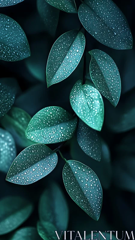 Gentle teal leaves kissed by fresh morning raindrops.