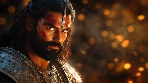 Battle-worn warrior in golden embers and quiet resolve.
