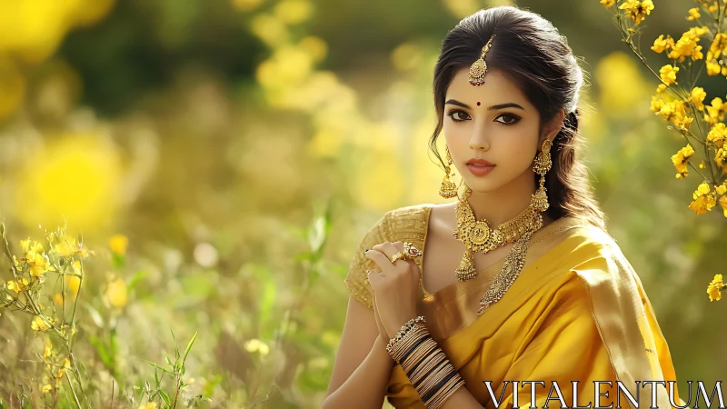 Bridal portrait in golden sari with floral bokeh field backdrop.