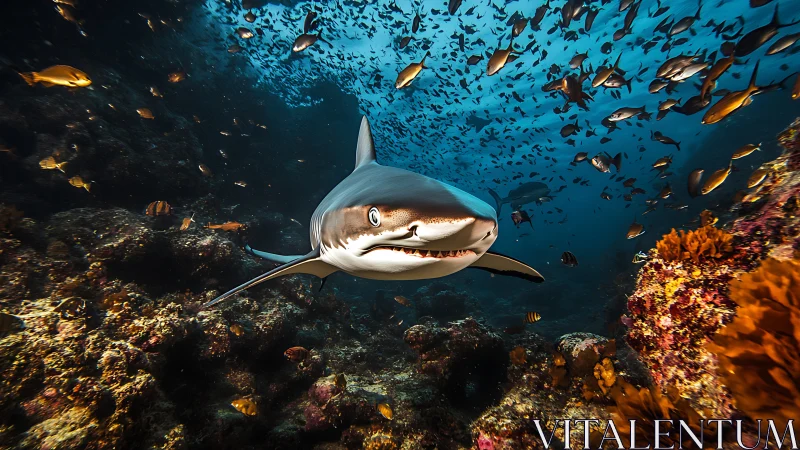 Shark glides through vibrant coral reef teeming with fish.