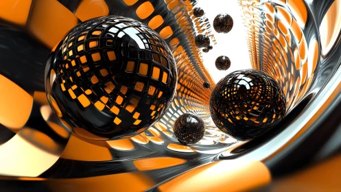 Geometric reflective spheres within an orange metallic tunnel.