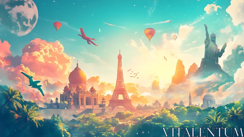 Global landmarks in a vibrant fantasy skyscape panorama.