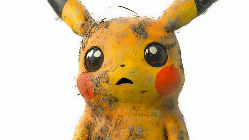 Weathered yellow creature sculpture stands in stark white space.