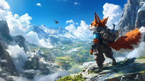 Fox adventurer surveys vast fantasy valley in bright daylight.