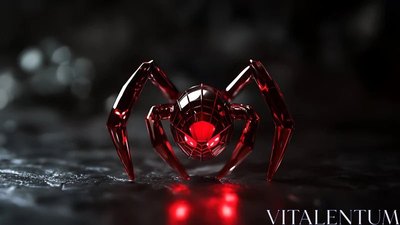 Red crystal cyber spider crouches on reflective dark surface