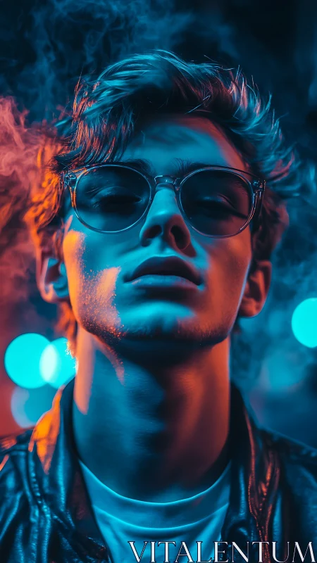 Neon-lit portrait captures cool confidence in smoke haze.