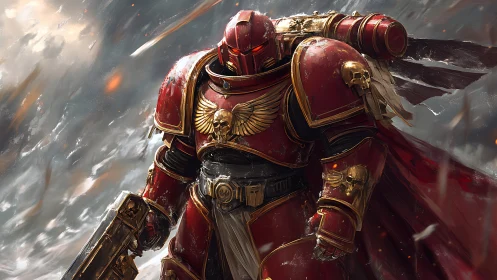 Armored space warrior advances through a storm of fire