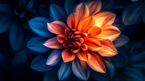 Luminous Dahlia Bloom Against Deep Indigo Darkness