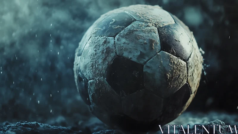 Weathered soccer ball under cinematic rain lighting study.