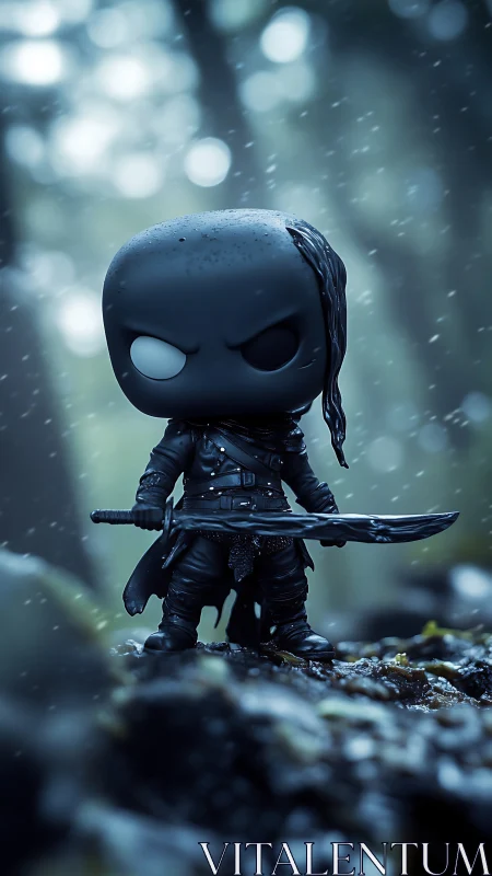 Storm-soaked vinyl warrior stands guard in a misty forest