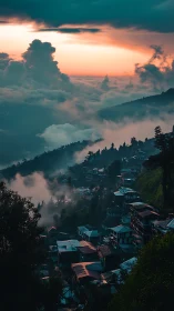 Mountain village roofs glow beneath dramatic storm clouds