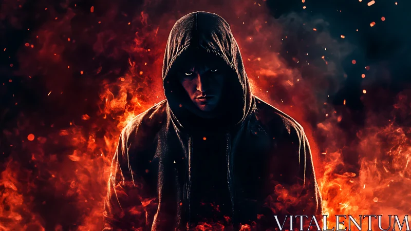 Hooded figure in dark jacket surrounded by rising fire.