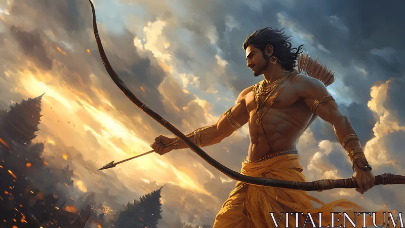 Heroic archer poised against a glowing stormy sky.