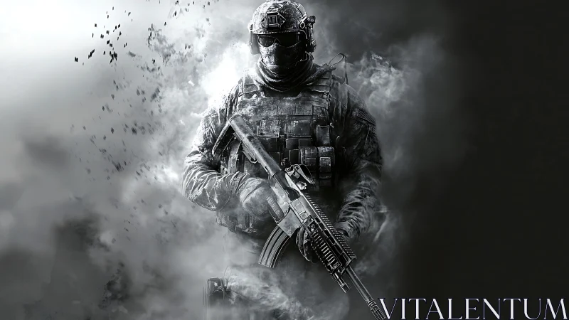 Ghost soldier emerges from shattering smoke and swirling crows.