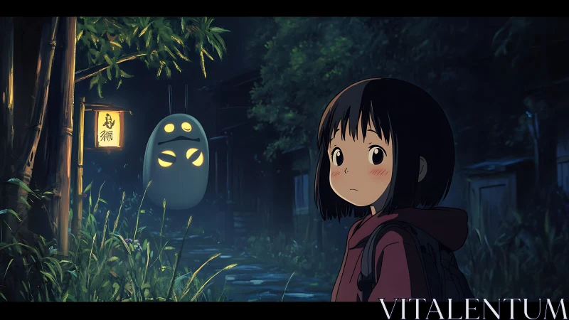 Night forest path with shy girl and glowing spirit lantern