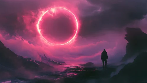 Solitary observer beneath a charged magenta astral ring portal.