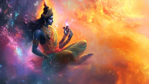 Figure in ornate attire sits within luminous nebula field