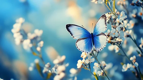 Blue morpho butterfly rests on blossoms in soft bokeh field