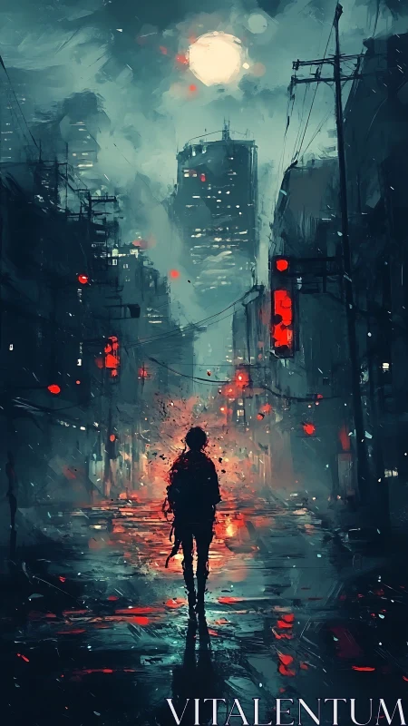 Solitary figure on wet city street under full moon at night.