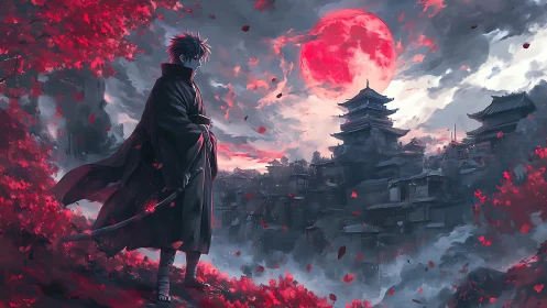 Samurai silhouette overlooks stormy citadel under crimson supermoon
