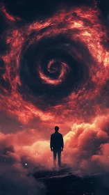 Silhouetted figure faces swirling fiery vortex in storm sky