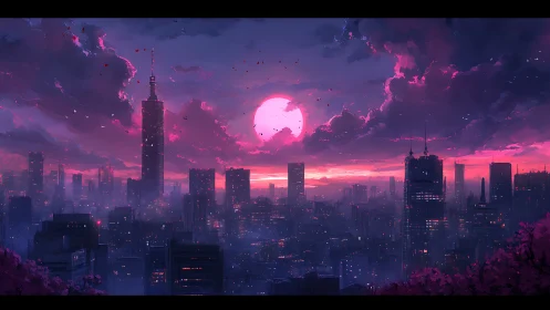 Urban skyline under magenta sunset with dense cloud cover.