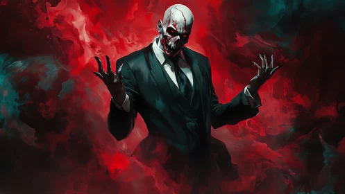 Skull-faced entity in tailored suit emerges from crimson vortex
