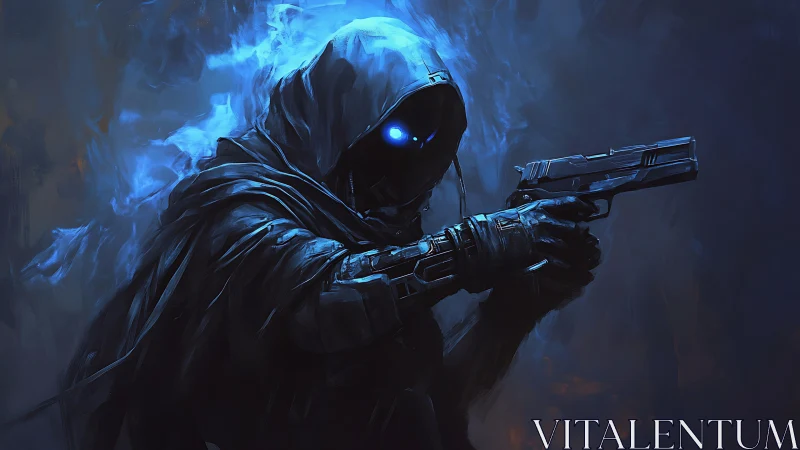 Cybernetic cloaked marksman with luminous blue optics poised.