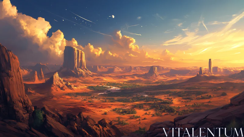 Sunlit desert mesa plain extends beneath stratified cloud field