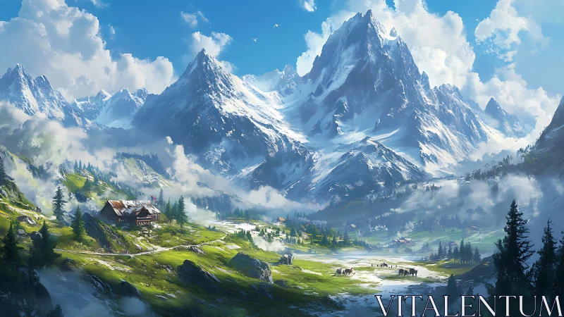 Sunlit alpine valley beneath towering snowbound peaks.