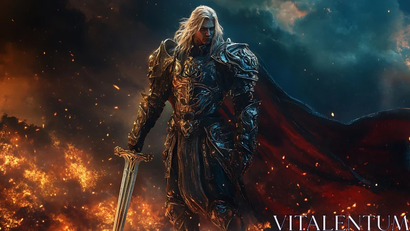 Armored swordsman stands amid fire against contrasting sky