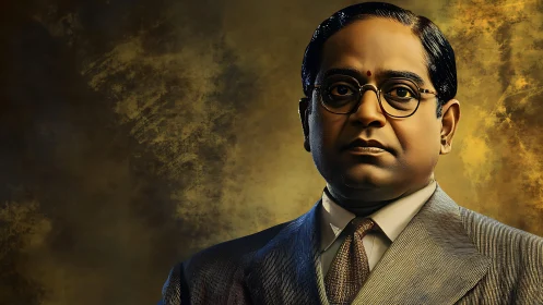 Formal portrait of bespectacled man in suit against mottled backdrop.