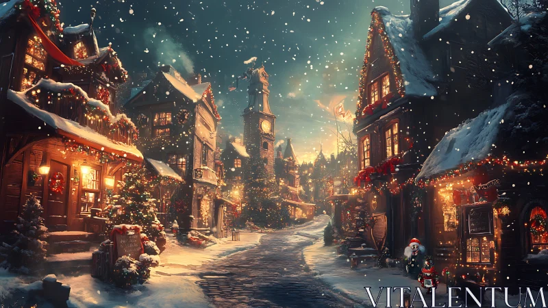 Snowy Christmas village street lined with festive houses.