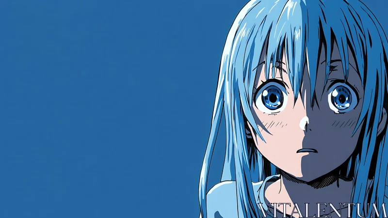 Close-up blue-haired anime character in shocked frontal portrait
