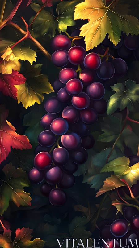 Digital painting study of grape clusters with autumn foliage.