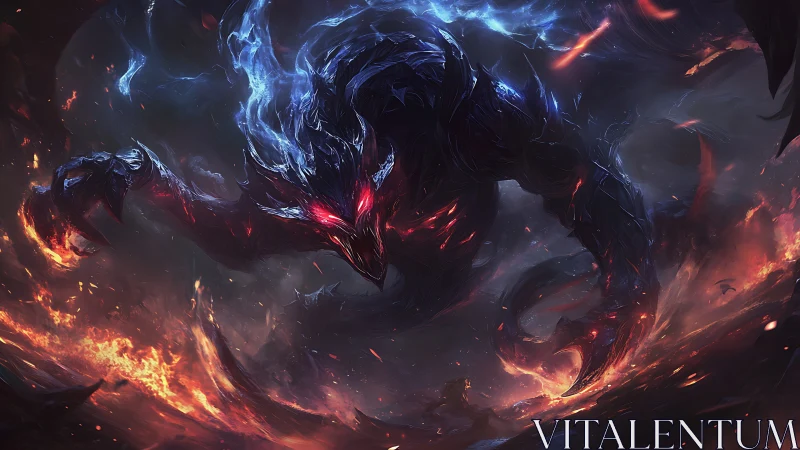 Demonic shadow titan over burning battlefield stormscape.