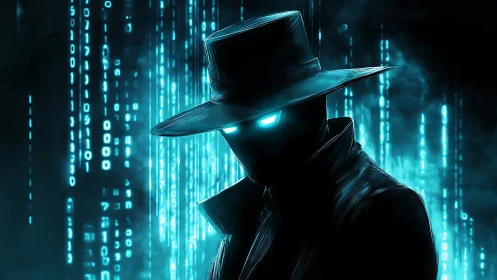 Cyber-noir hacker silhouette dominates neon data matrix field