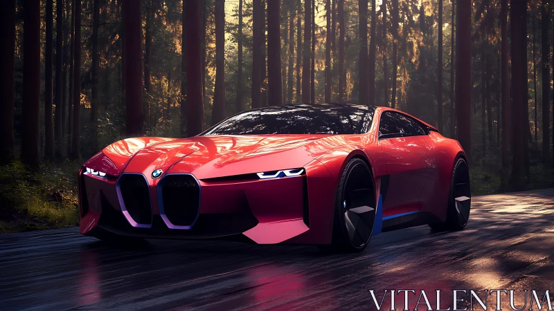 Low-slung red BMW concept coupe with aggressive aero in wet forest