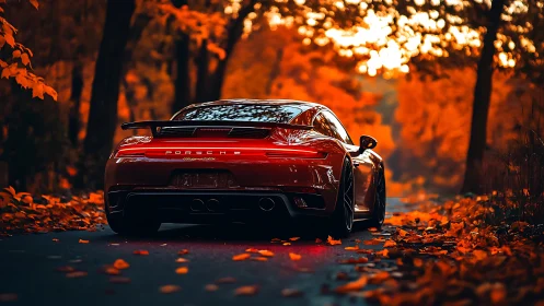 Scarlet sports coupe on forest road in vivid autumn glow.