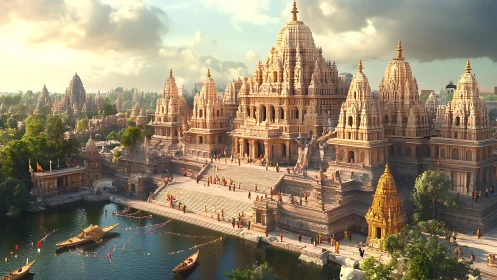 Sunlit riverside temple complex glows with ceremonial life.
