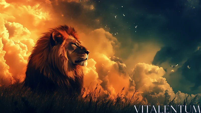 Regal lion against blazing nebula clouds at dusk.